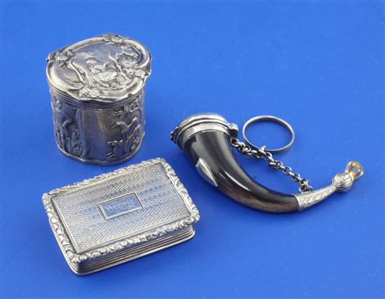 Scottish horn snuff, silver vinaigrette & pill box